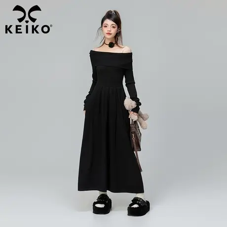 KEIKO [2色] 一字肩黑色连衣裙子2023秋冬法式收腰垂坠感针织长裙图片