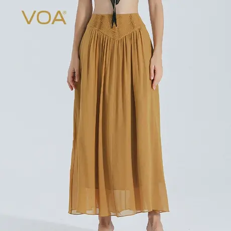 VOA棕黄色100%纯桑蚕丝塔克褶自然腰轻垂显瘦百搭乔其真丝半身裙图片