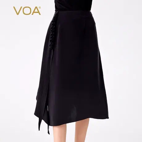 VOA30姆米重磅桑蚕丝黑色自然腰木耳装饰飘带简约中裙真丝半身裙图片
