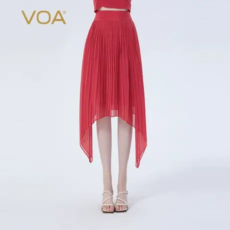 VOA真丝乔其红色自然腰撞料拼接风琴褶燕尾摆时尚轻盈百褶半身裙图片