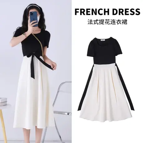 法式拼接假两件连衣裙女小个子高级感显瘦气质长裙设计感茶歇裙子图片