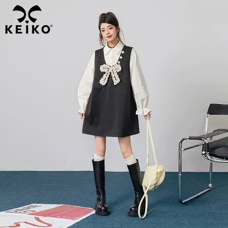 KEIKO 精致甜妹假两件式连衣裙2023秋季非正式学院风显瘦A字裙子图片