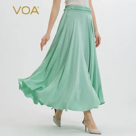 VOA30姆米重磅桑蚕丝淡绿色自然腰塔克褶珍珠装饰中长真丝半身裙图片