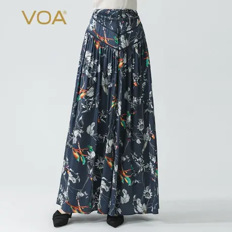 VOA藏蓝3D花鸟印花斜纹提花桑蚕丝自然腰不对称褶皱真丝半身长裙图片