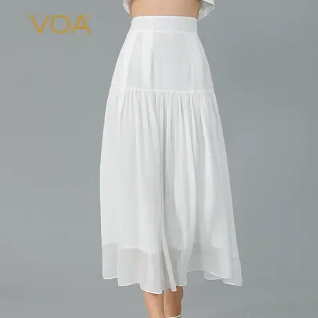 VOA荔枝白100%纯桑蚕丝自然腰立体褶皱甜美飘逸乔其真丝半身裙图片