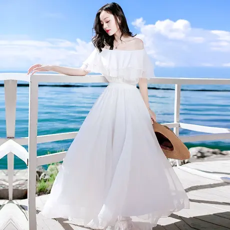 2023夏天新款一字肩白色红色裙子小个子雪纺连衣裙沙滩裙海边度假商品大图