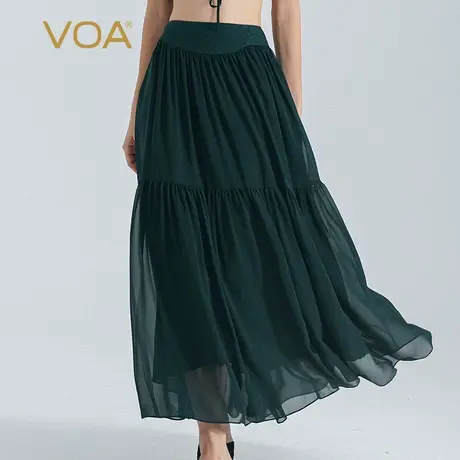 VOA孔雀绿双层乔其桑蚕丝拼接提花织锦自然腰大摆型真丝半身裙图片