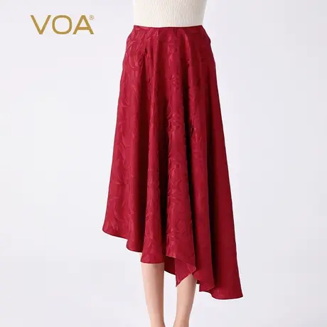 VOA桑蚕丝月牙提花自然腰酒红色大摆型百搭简约不对称真丝半身裙图片