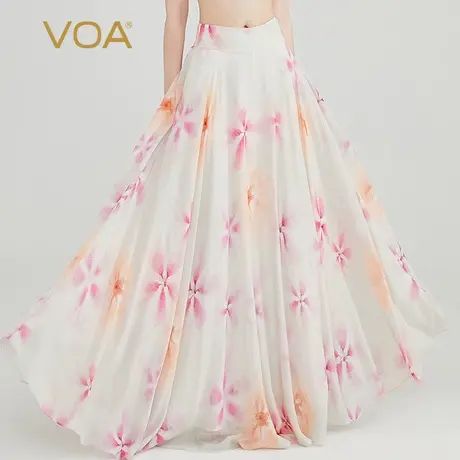 VOA100%桑蚕丝印花乔其自然腰斜插口袋轻盈飘逸气质仙女半身裙女图片