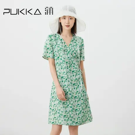 蒲PUKKA 原创设计夏季定制斜纹苎麻印花V领显瘦小个子连衣裙图片