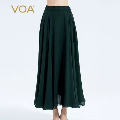 VOA100%桑蚕丝墨绿乔其麻花绳装饰不对称飘带设计古风大摆半身裙图片