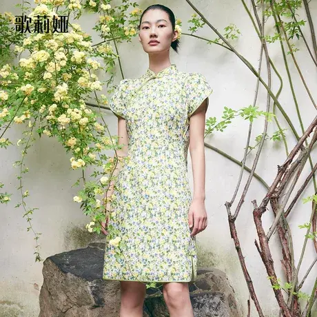 歌莉娅新中式国风旗袍连衣裙夏装女绿色印花裙子出游1B5R4K09A图片