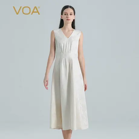 VOA桑蚕丝提花暗纹米白色V领无袖褶皱宽松百搭真丝连衣裙商品大图