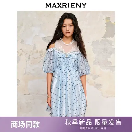 【商场同款】MAXRIENY法式宫廷波点连衣裙蝴蝶系带拼接抹胸裙子女图片