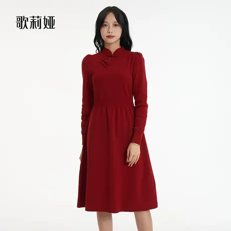 歌莉娅羊毛连衣裙女冬季新款新中式盘扣天丝羊毛小红裙1BCR4G320图片