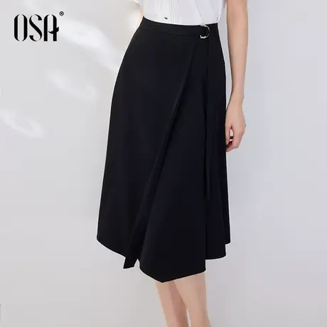 OSA欧莎黑色不规则半身裙女夏季2022年新款高腰显瘦中长款a字裙子图片