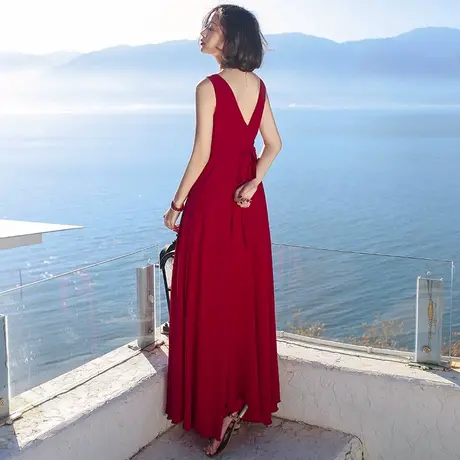 超仙大码拍照红色连衣裙沙滩裙沙漠长裙茶卡盐湖青海湖旅游长裙子图片