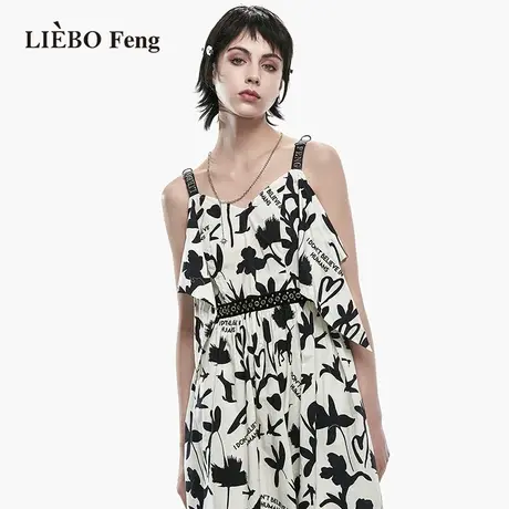 裂帛LIEBOFeng商场同款2023年夏新设计师印花露肩吊带无袖连衣裙图片