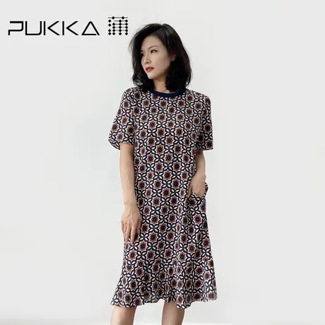 蒲PUKKA 2023夏季文艺复古真丝印花气质休闲短袖小个子连衣裙图片