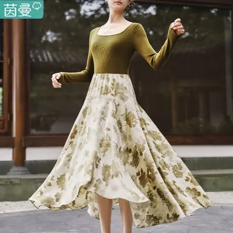 茵曼新中式设计感拼接连衣裙女2024年春季新款方领显瘦印花长裙子图片
