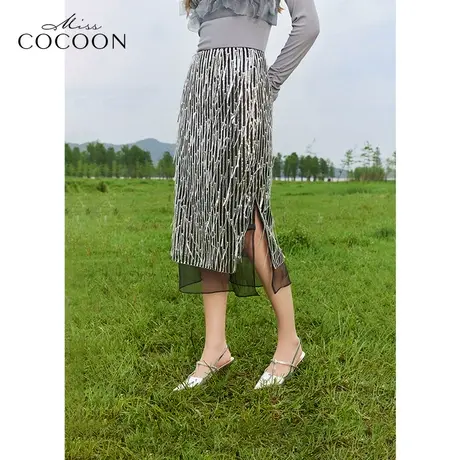 【秋上新】missCOCOON老钱风2023秋新款女拼接流苏高腰荷叶半身裙图片