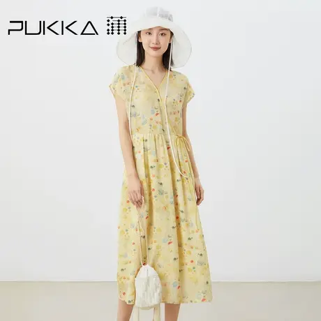 蒲PUKKA 原创设计2023夏季苎麻印花新中式V领显瘦长款连衣裙图片