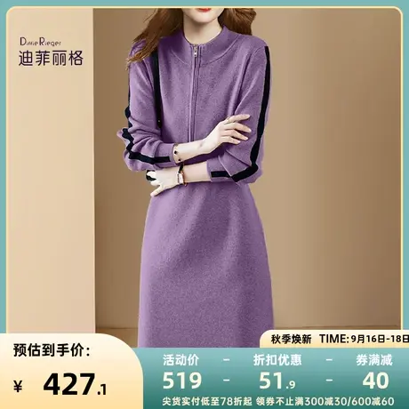 法式时尚气质紫色针织连衣裙女秋季2023新款赫本风修身显瘦中长裙图片