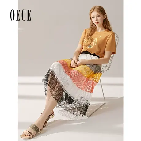 OECE夏装新款女装 彩虹法式仙气甜美撞色高腰蕾丝纱半身裙图片