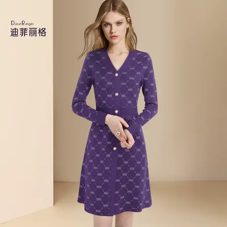 迪菲丽格欧洲站紫色V领针织连衣裙女春2024新款洋气显白毛衣裙子图片