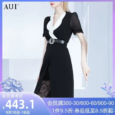 AUI欧洲站黑色连衣裙两件套女2023夏季新款拼接蕾丝设计感西装裙图片
