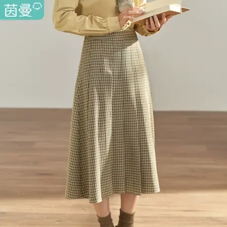 【商场同款】茵曼2023春女装新款复古格子时尚腰头织带宽松半身裙图片