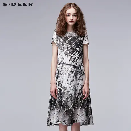 【商场同款】sdeer圣迪奥女装抽象黑白印花束腰连衣裙S17281250商品大图
