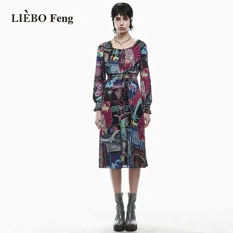 裂帛LIEBOFeng商场同款2023年夏新国潮设计师方领印花雪纺连衣裙图片