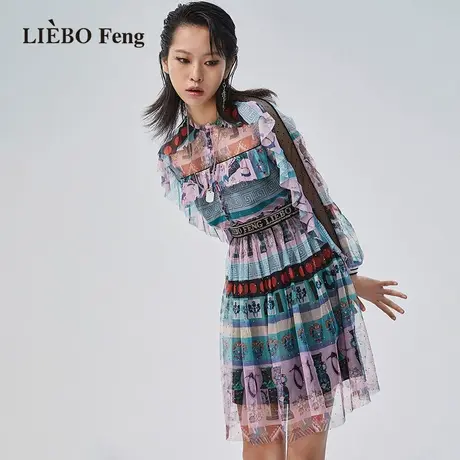 裂帛LIEBOFeng商场同款2023年设计师减龄蓬松印花雪纺长袖连衣裙商品大图