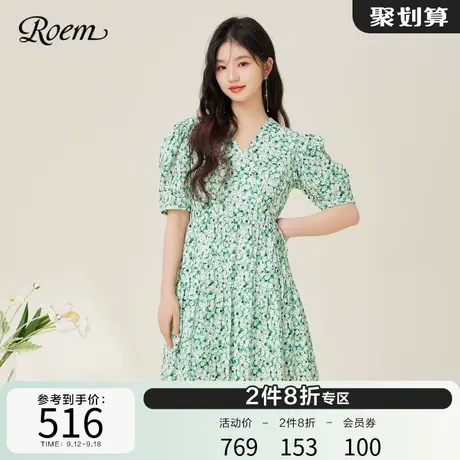 ROEM商场同款田园风泡泡袖连衣裙2023春夏新款绿色碎花茶歇裙商品大图