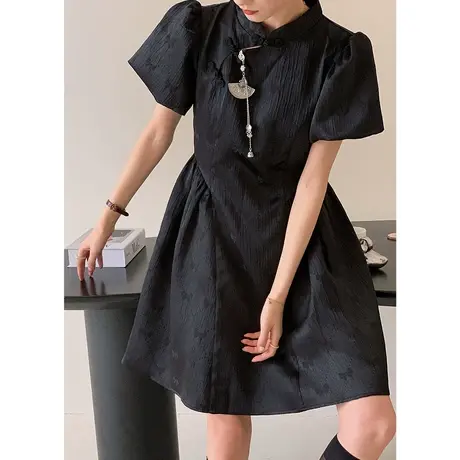 别致独特的裙子女夏天心机设计感黑色气质连衣裙2022新款旗袍裙商品大图