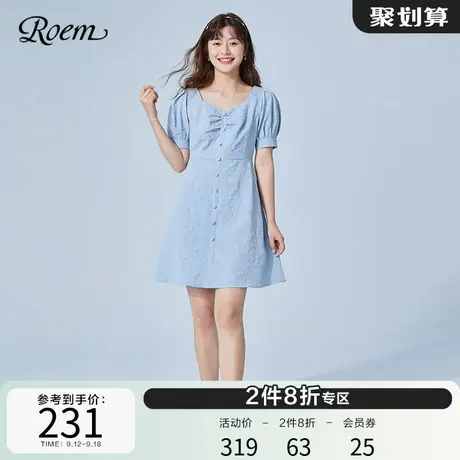 Roem商场同款新款韩版淑女连衣裙甜美气质方领简约泡泡袖裙子女图片