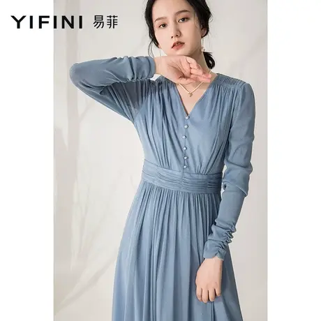 Yifini/易菲法式优雅连衣裙温柔蓝色中长款裙子长袖女春秋新款图片
