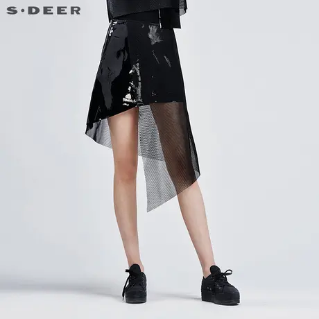 sdeer圣迪奥女夏装轻薄镂空网纱拼接漆皮不规则摆半身裙S16281196图片