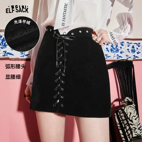 妖精的口袋系带黑色半身裙女2023夏季新款短裙子高腰小个子设计感图片