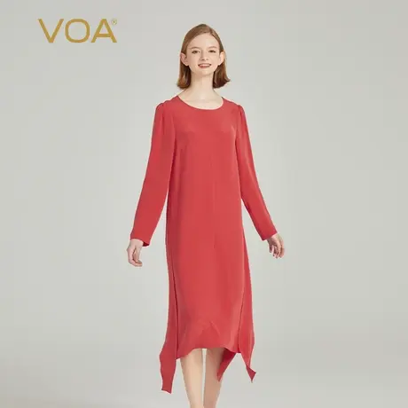 VOA西瓜红30姆米重磅砂洗桑蚕丝圆领长袖不对称裙摆真丝连衣裙商品大图