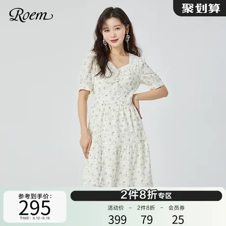 Roem商场同款春夏新品法式泡泡袖复古雪纺印花短袖圆领连衣裙图片
