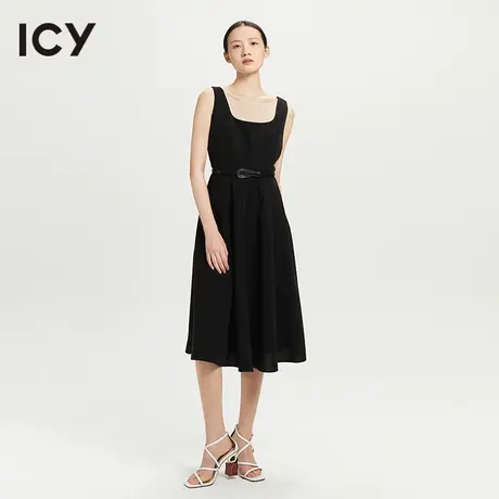 icy2023春季新款优雅简约大方纯色方领腰带收腰背心无袖连衣裙图片
