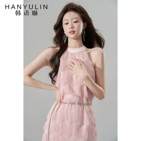 韩语琳法式连衣裙女夏季2023新款收腰显瘦漂亮气质高级感粉色裙子图片