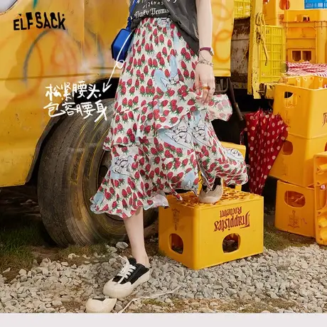 【新款】妖精的口袋草莓雪纺半身裙女春2023设计感高腰不规则裙子商品大图
