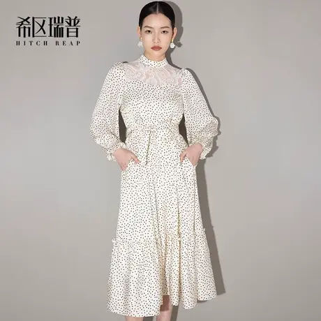 希区高端法式连衣裙春装2023年新款女高级感蕾丝白色气质波点长裙图片
