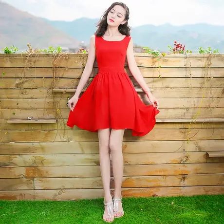 2023新款红色短裙子超仙小个子雪纺连衣裙泰国三亚海边度假沙滩裙商品大图