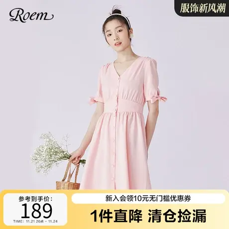 Roem夏季新款粉色甜美裙子清新俏皮蝴蝶结温柔洋气连衣裙仙女图片
