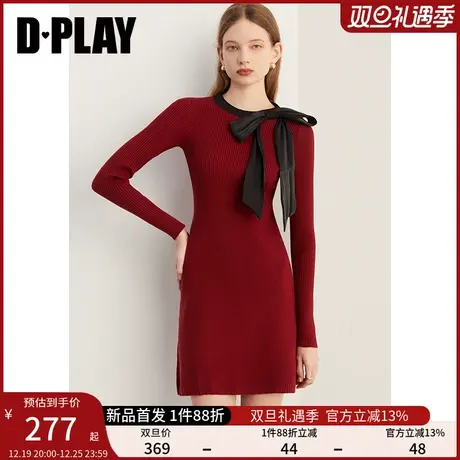 DPLAY春新法式风撞色圆领长袖修身短款红色针织连衣裙女商品大图