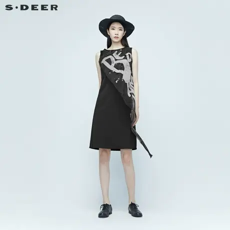sdeer圣迪奥高级感夏装印花裙子拼接无袖黑色连衣裙S20281248图片